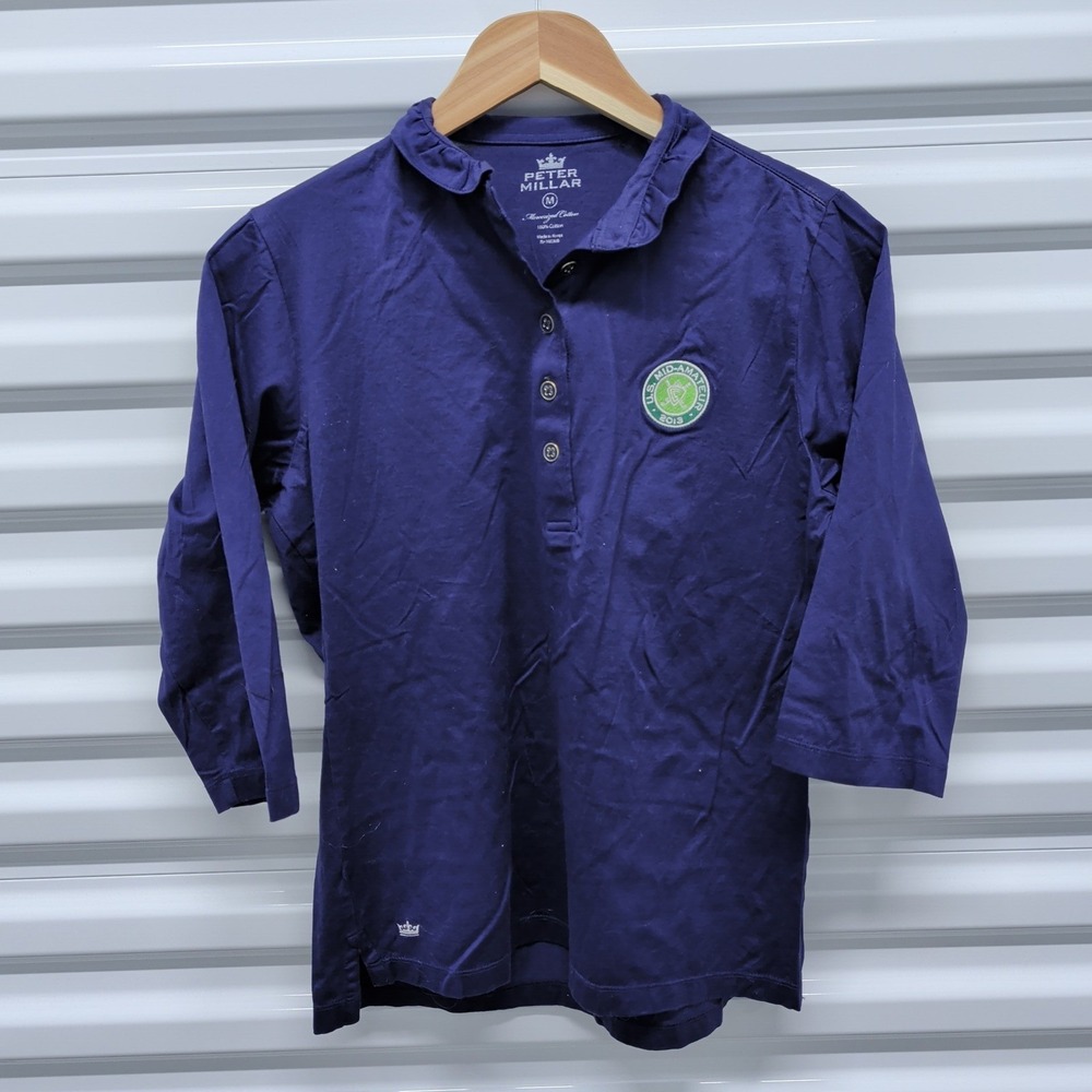 Peter Millar Size M Women Navy Blue Mercerized Cotton 3/4 Sleeve Golf Polo Shirt